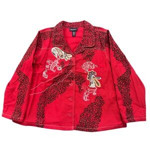 Denim & Co Jacket Womens 2X Red Leopard Paisley Embroidered Cotton Button Up